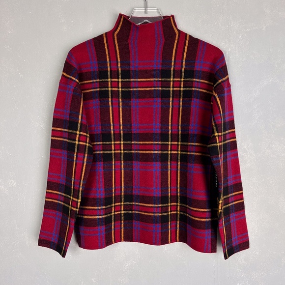 Tahari Sweaters - Tahari size L high neck long sleeve knit sweater red yellow black blue plaid NWT
